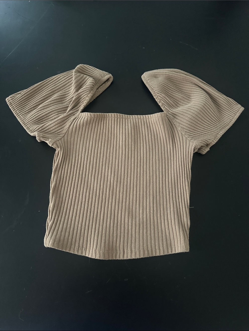 H&M Ribbed Square Neck Puff Sleeve Top in Taupe